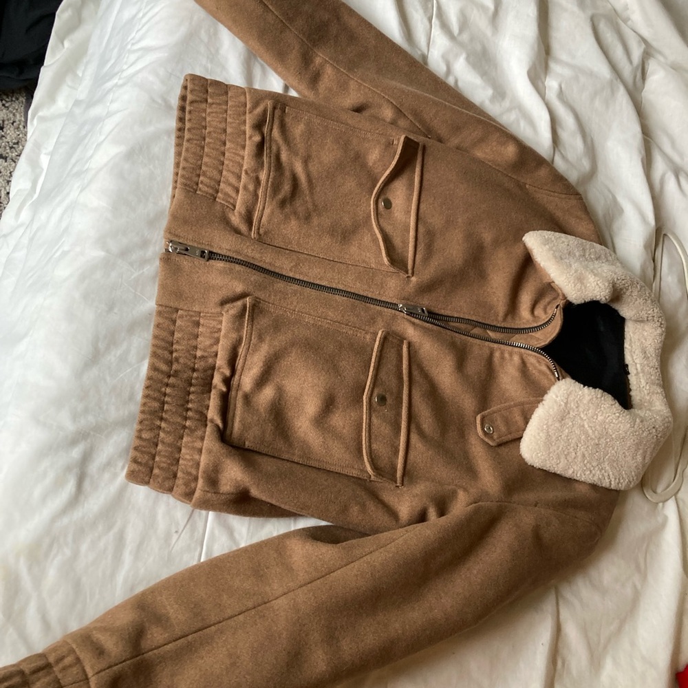 Brown Shearling Collar Bomber Jacket - image 4